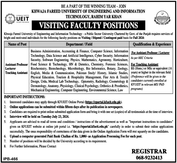 Khwaja Fareed University of Engineering & Information Technology KFUEIT Jobs 2024