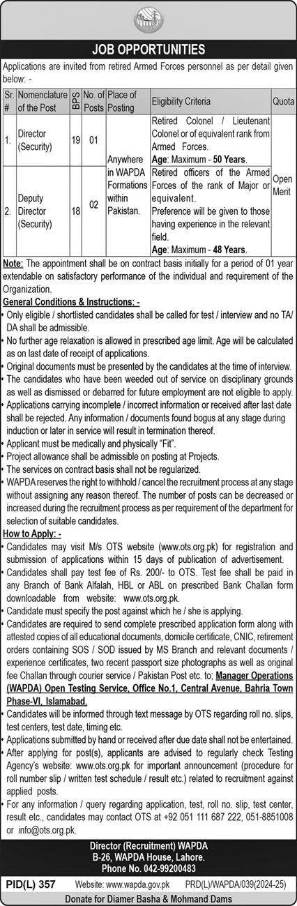 WAPDA recruitment ( August 2024) : Open Jobs/ apply at ots.org.pk