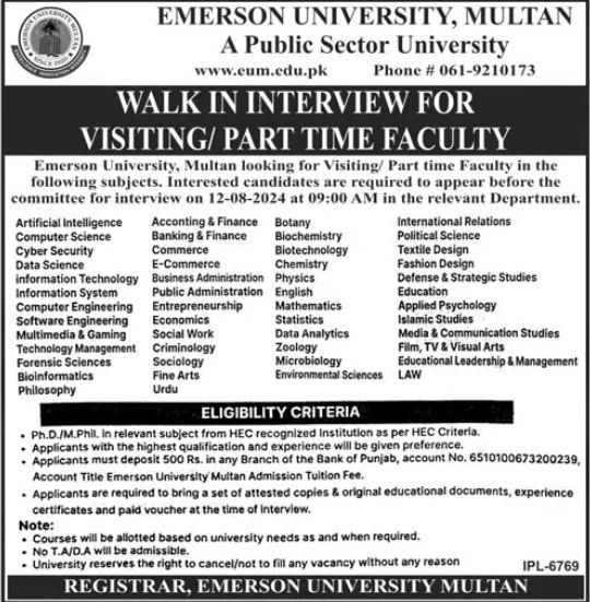 Emerson University Multan Recruitment ( July 2024) : Open Jobs/Online application