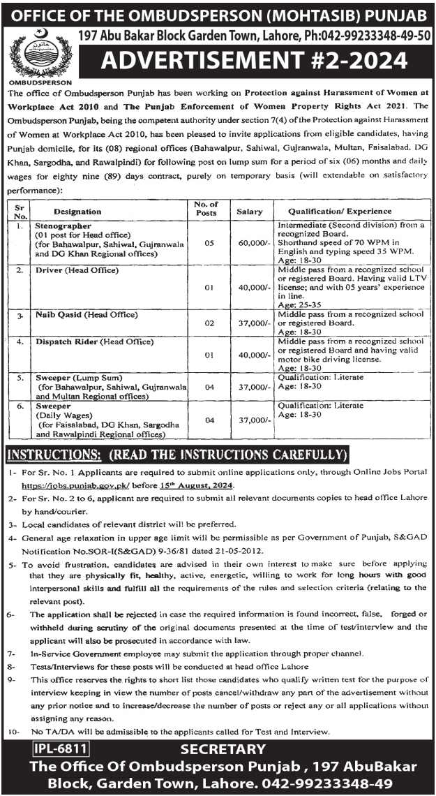 Ombudsperson (Mohtasib) Punjab Recruitment ( August 2024) : Open Jobs/Online application