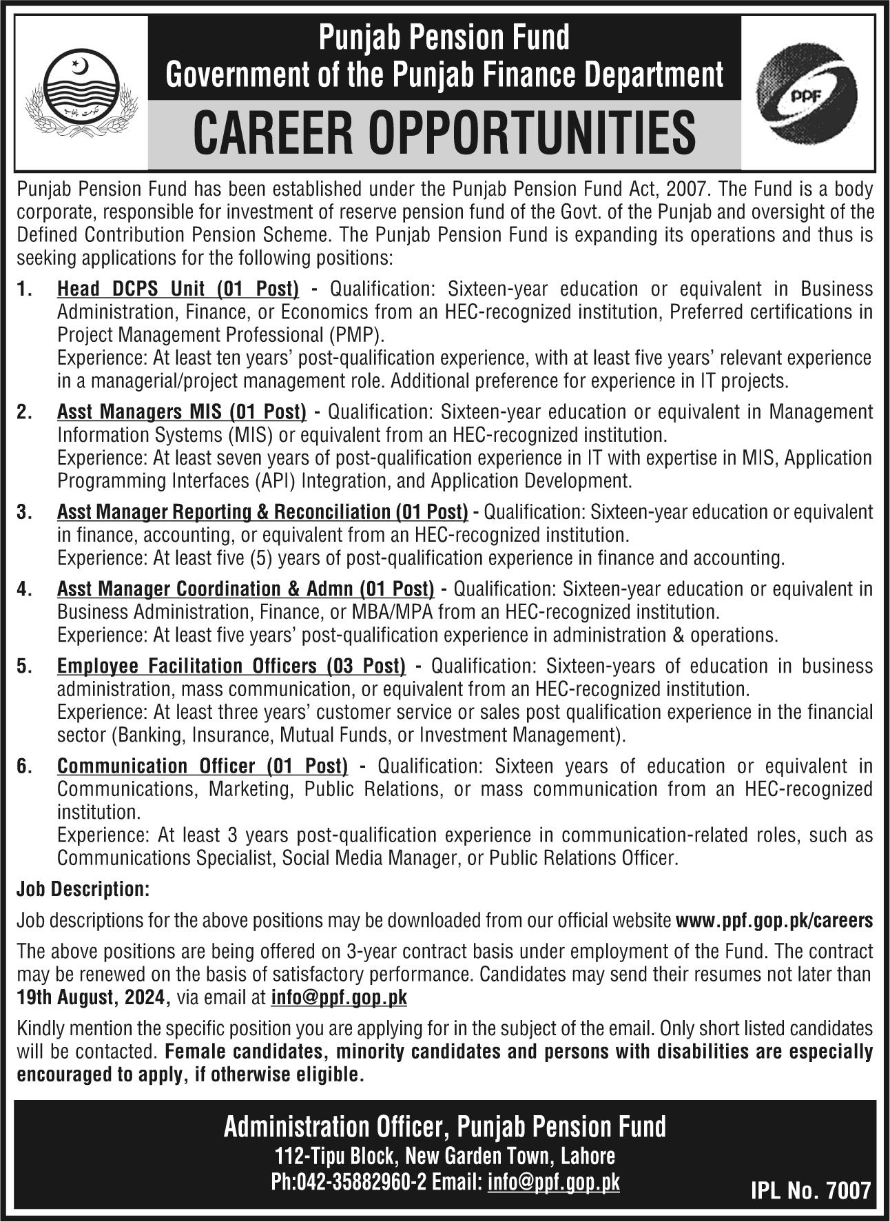 Punjab Pension Fund Recruitment ( August 2024) : Open Jobs/Apply Online @www.ppf.gop.pk