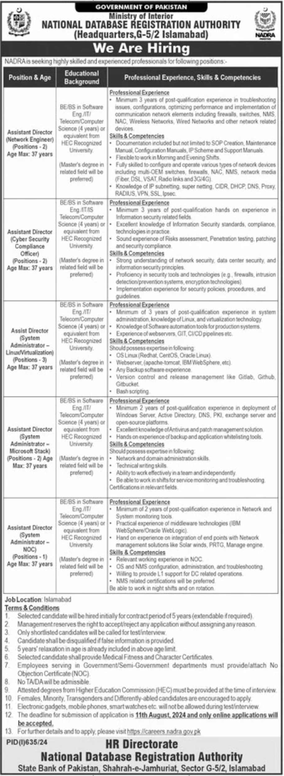 NADRA Islamabad Recruitment ( August 2024) : Open Jobs/Online application