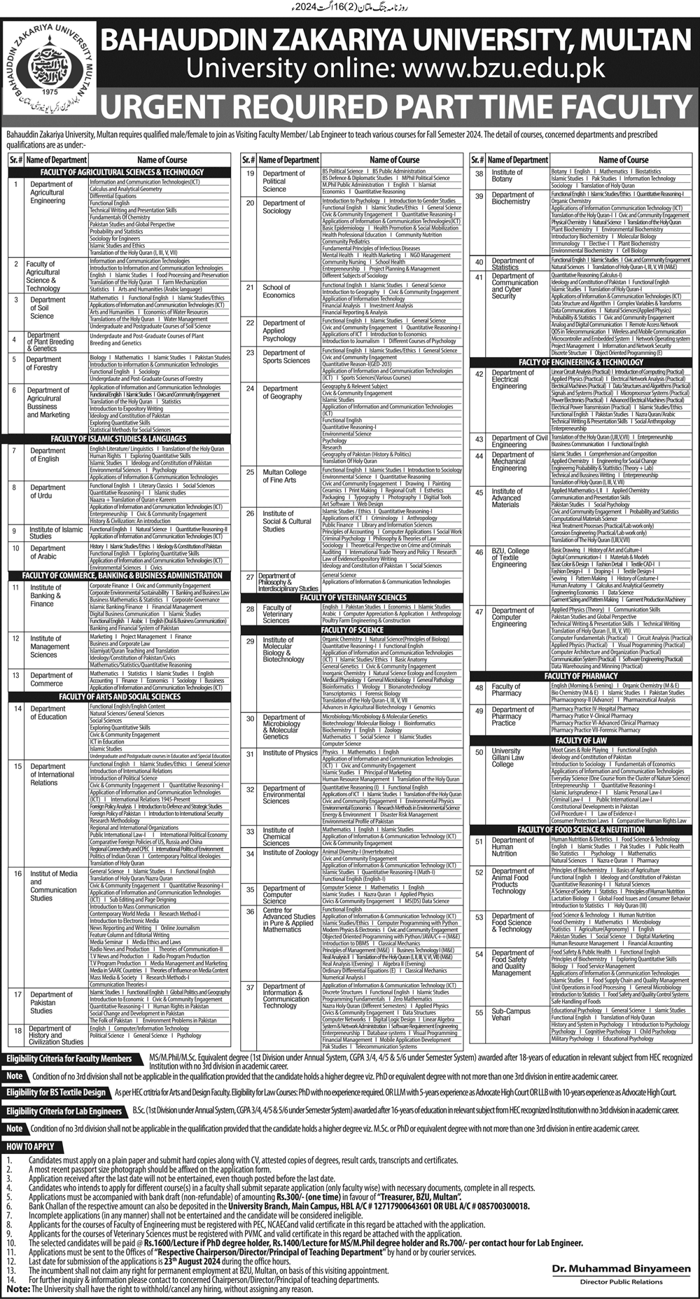 BZU recruitment ( August 2024) : Open Jobs/Online application