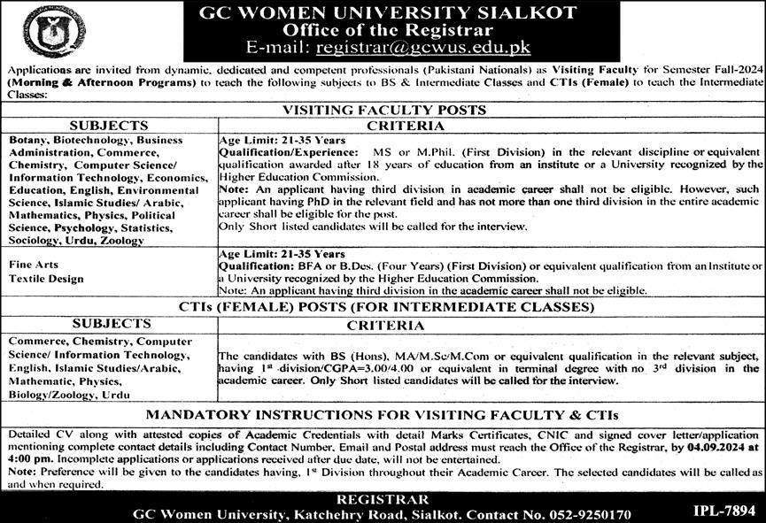 GC Women University Sialkot recruitment ( August 204) : Open Jobs/ Application