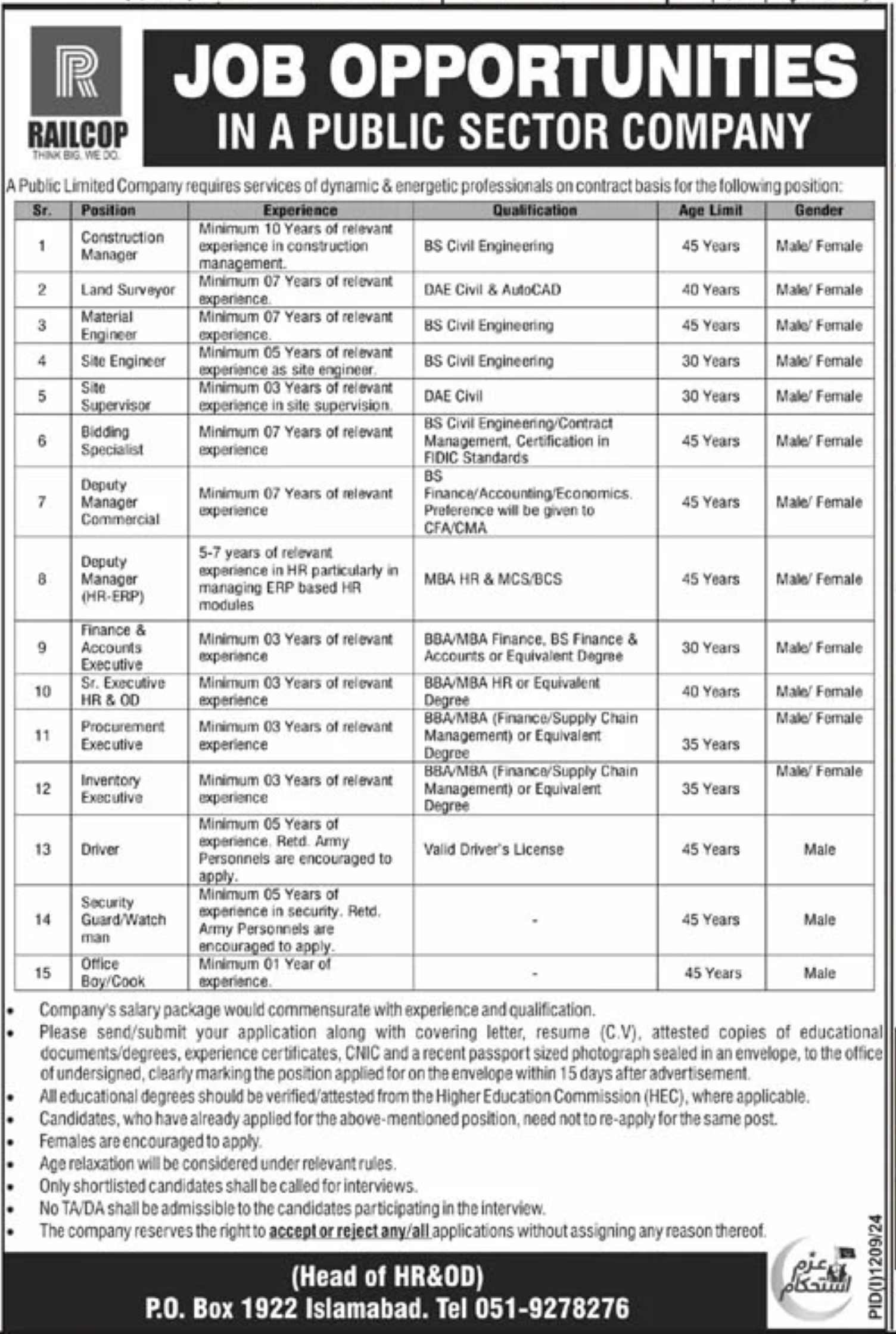 P.O. Box 1922 Islamabad recruitment ( August 2024) : Open Jobs/ Application