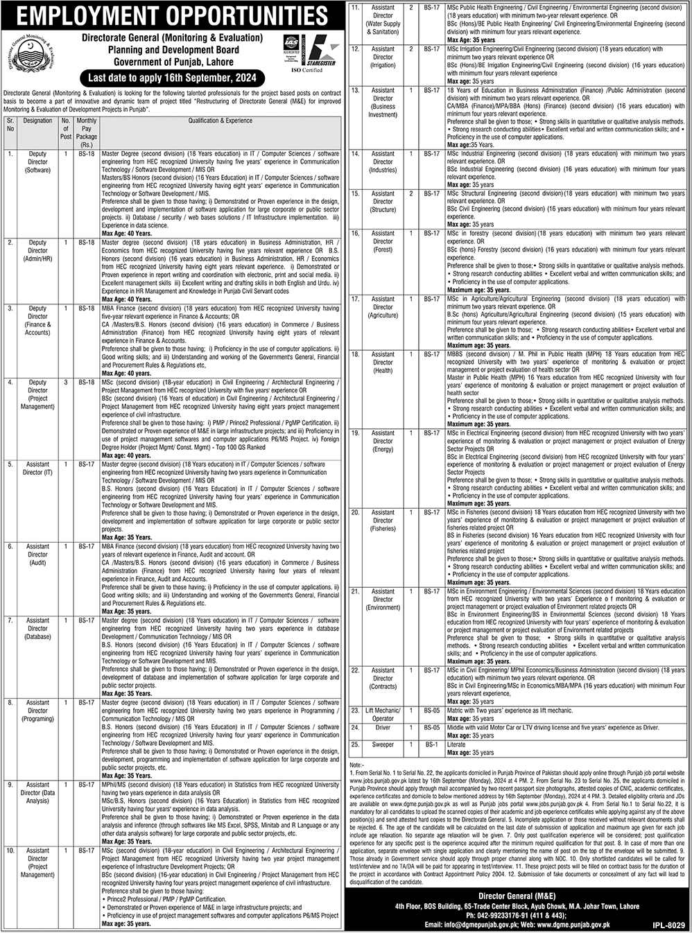 Planning and Development Board Punjab recruitment ( September 2024) : 30 Open Jobs/Online application