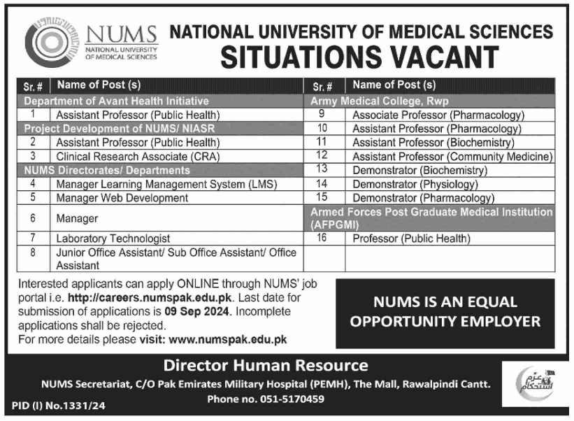 NUMS vacancies & recruitment ( September 2024) : Open Jobs/Online application